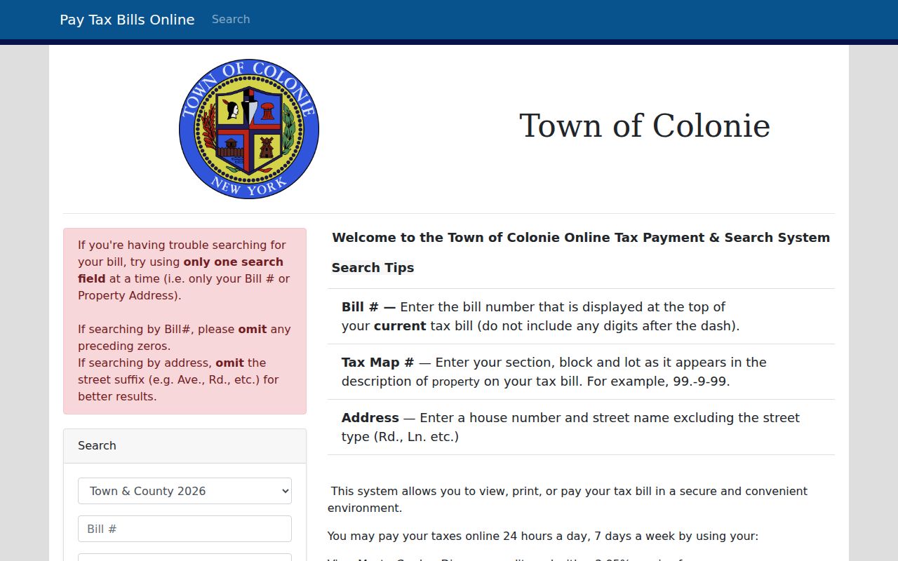 Town of Colonie street directory tax search by property address