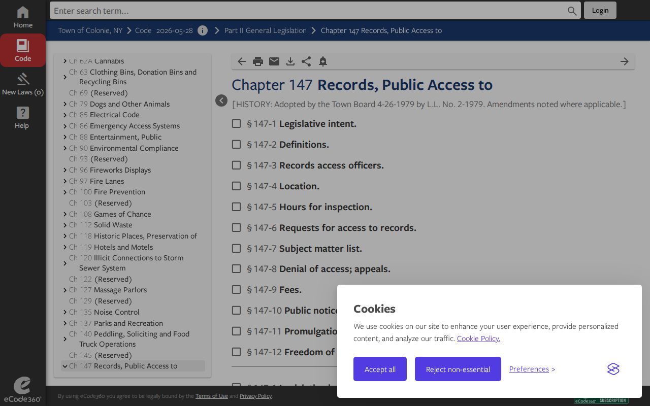 Town of Colonie street directory view of Chapter 147 records-access rules